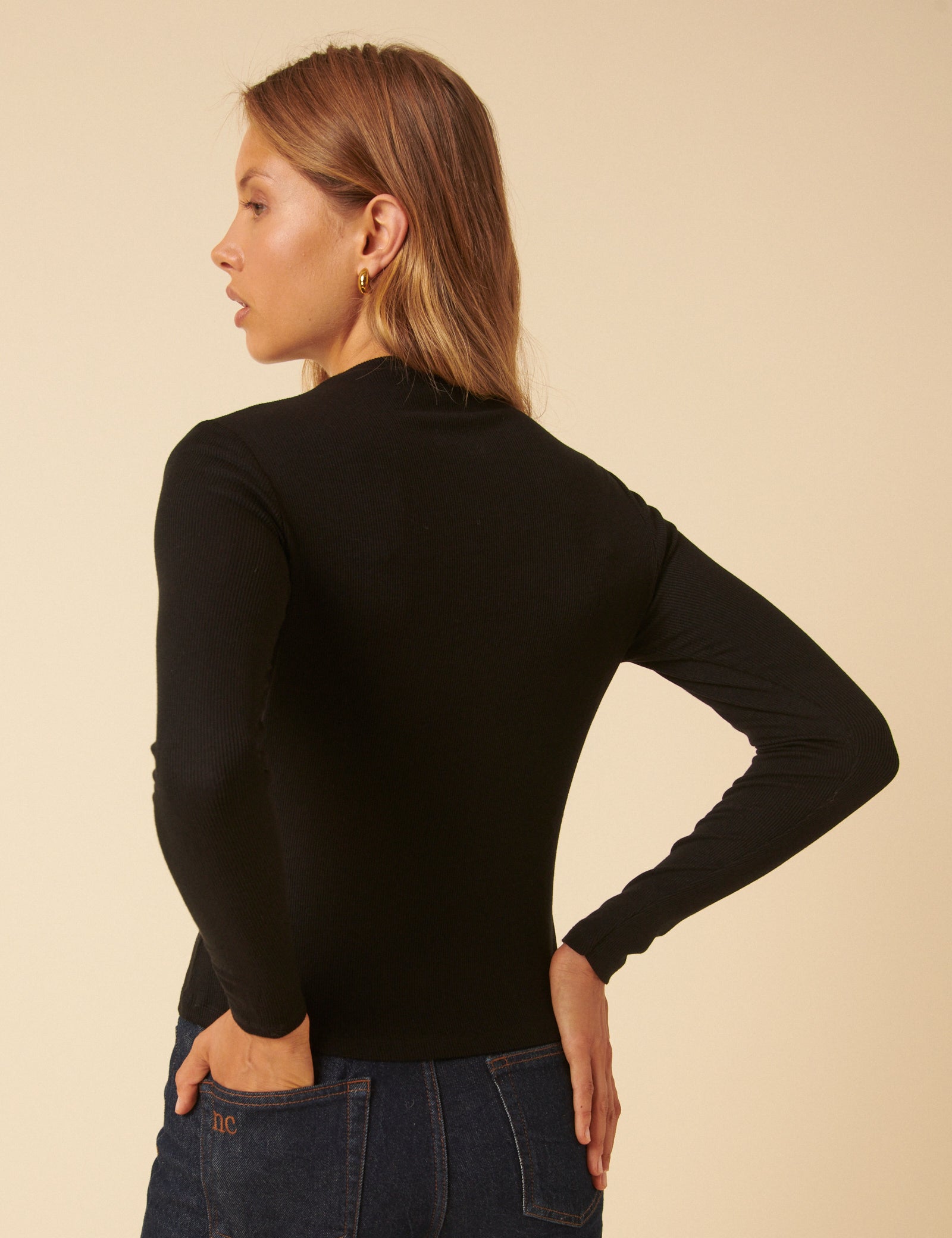 Black Ribbed High Neck Long Sleeve Top