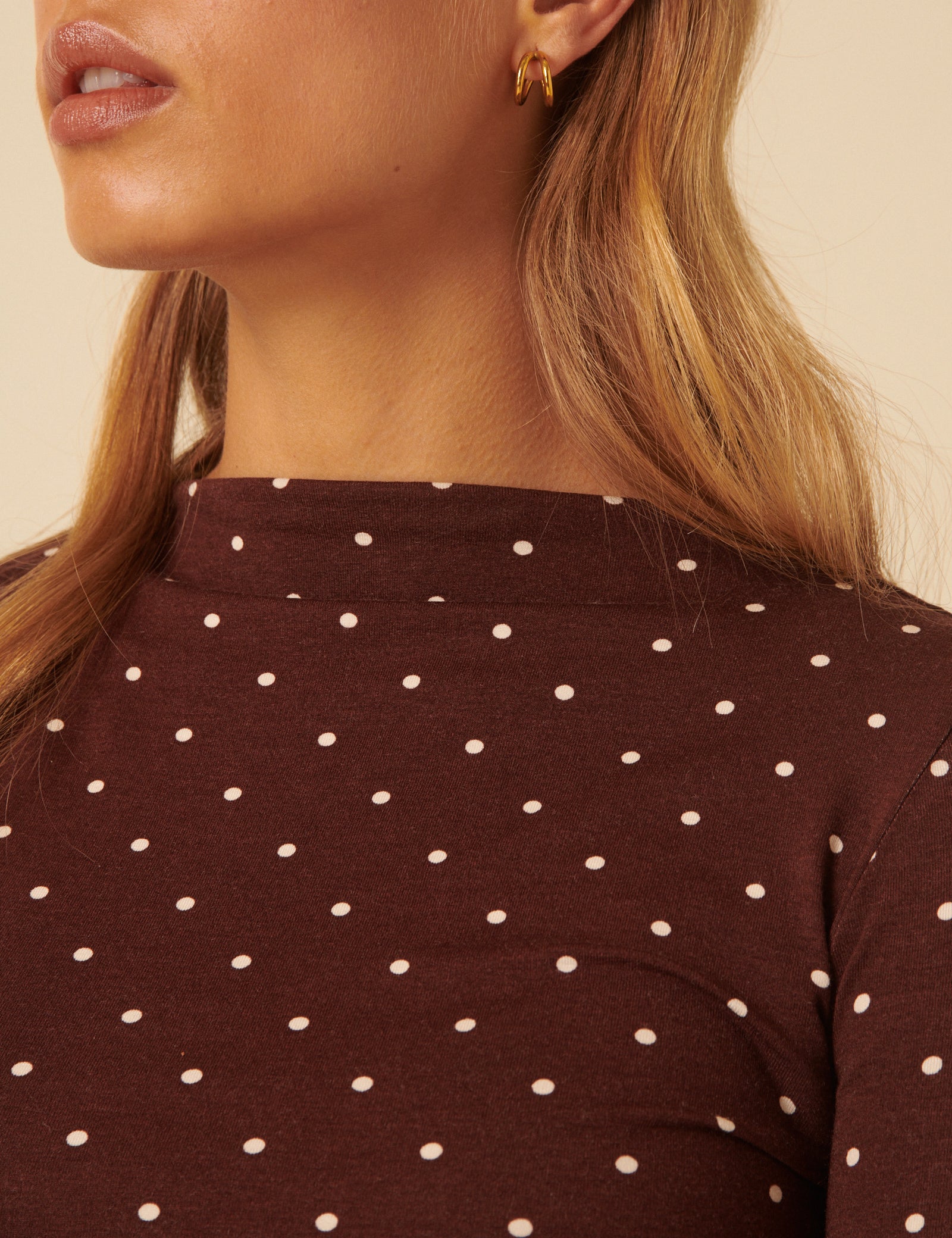 Brown Polka Dot High Neck Long Sleeve Top