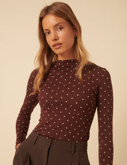 Brown Polka Dot High Neck Long Sleeve Top
