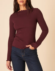 Burgundy Boat Neck Frill Ribbed Top