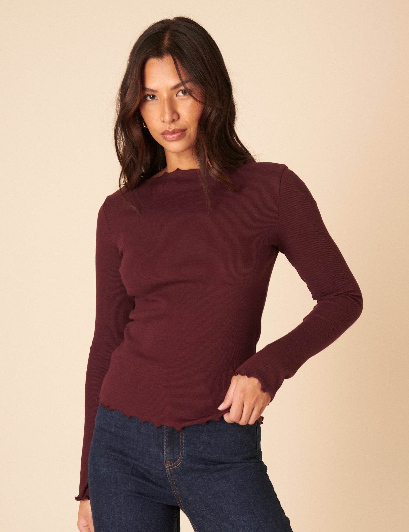 Burgundy Boat Neck Frill Ribbed Top