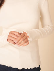 Cream Boat Neck Frill Ribbed Top