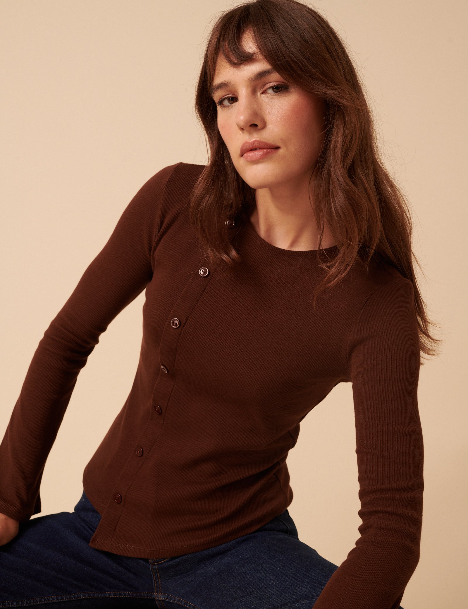 Brown Asymmetric Button Through Top