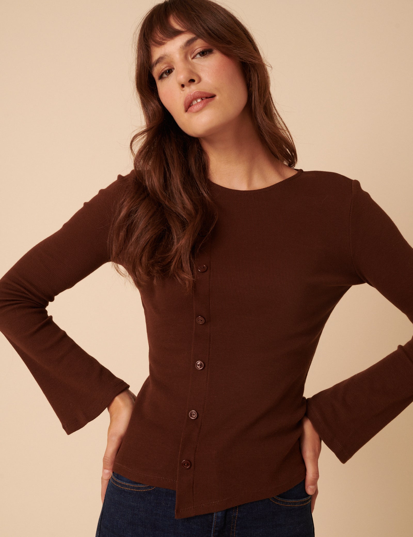 Brown Asymmetric Button Through Top