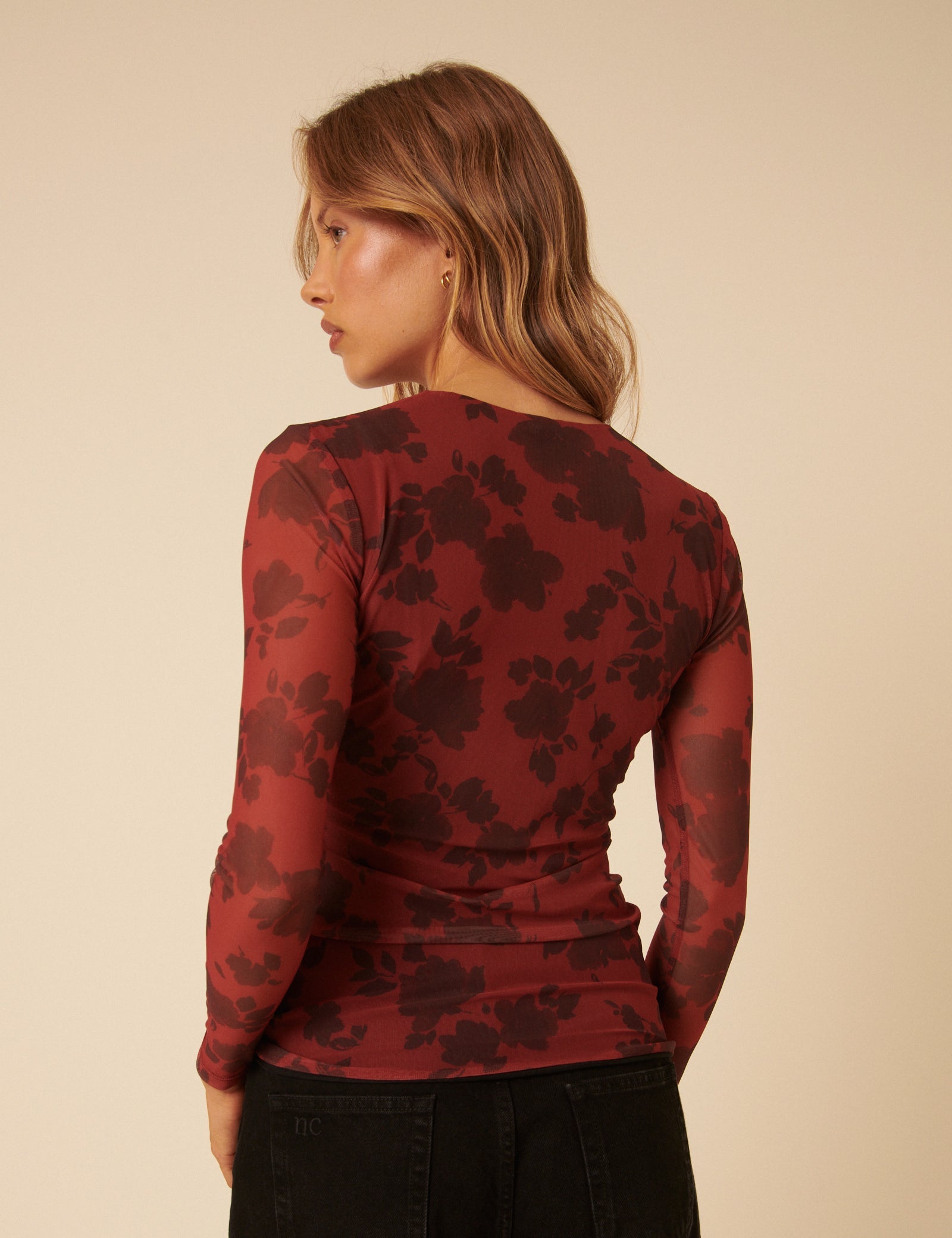 Red Floral Mesh Long Sleeve Top