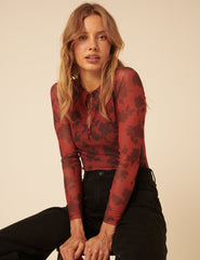 Red Floral Mesh Long Sleeve Top
