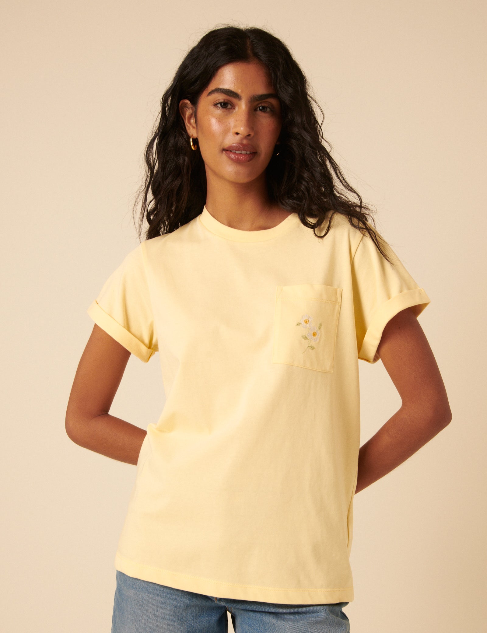 Butter Yellow Flower Embroidered T-Shirt