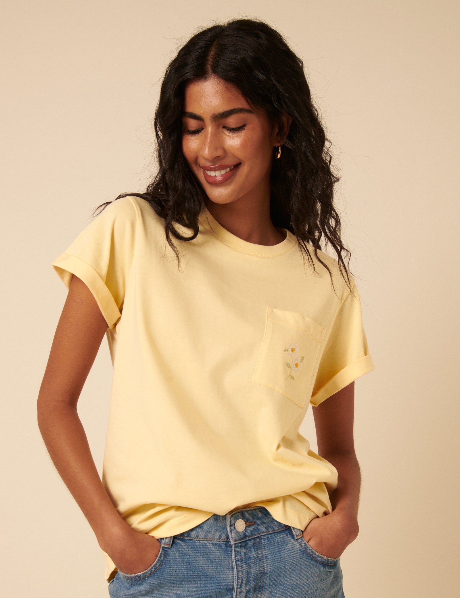 Butter Yellow Flower Embroidered T-Shirt