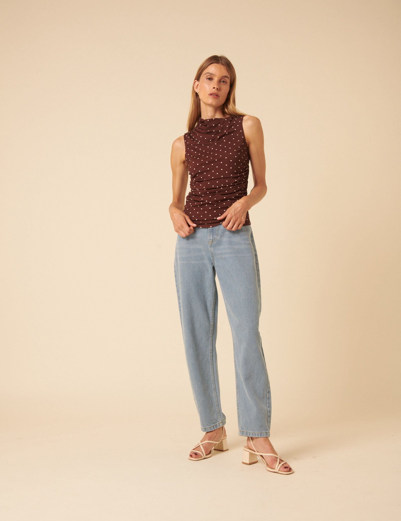 Brown Polka Dot Ruched Top