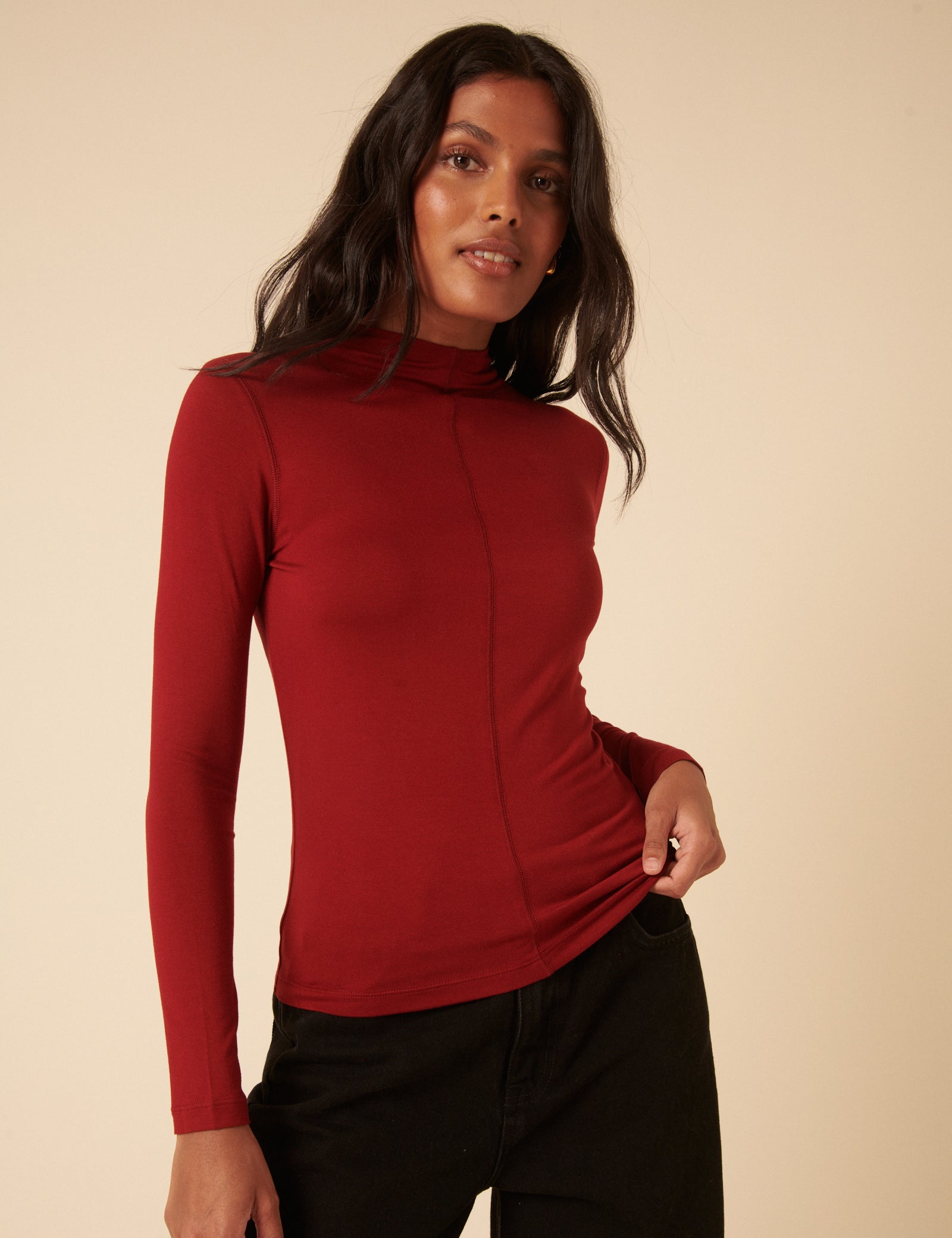 Red Long Sleeve High Neck Jersey Top