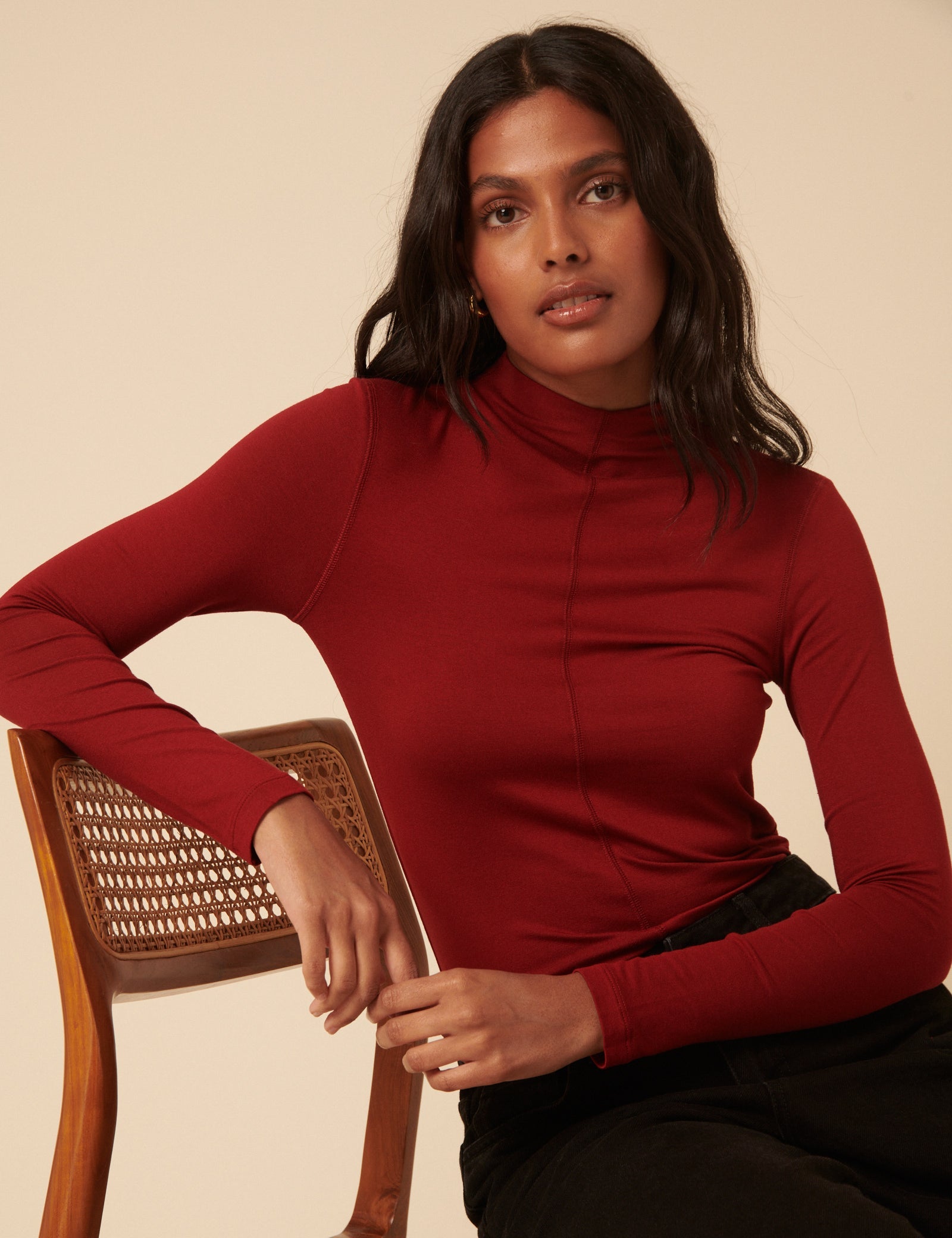 Red Long Sleeve High Neck Jersey Top