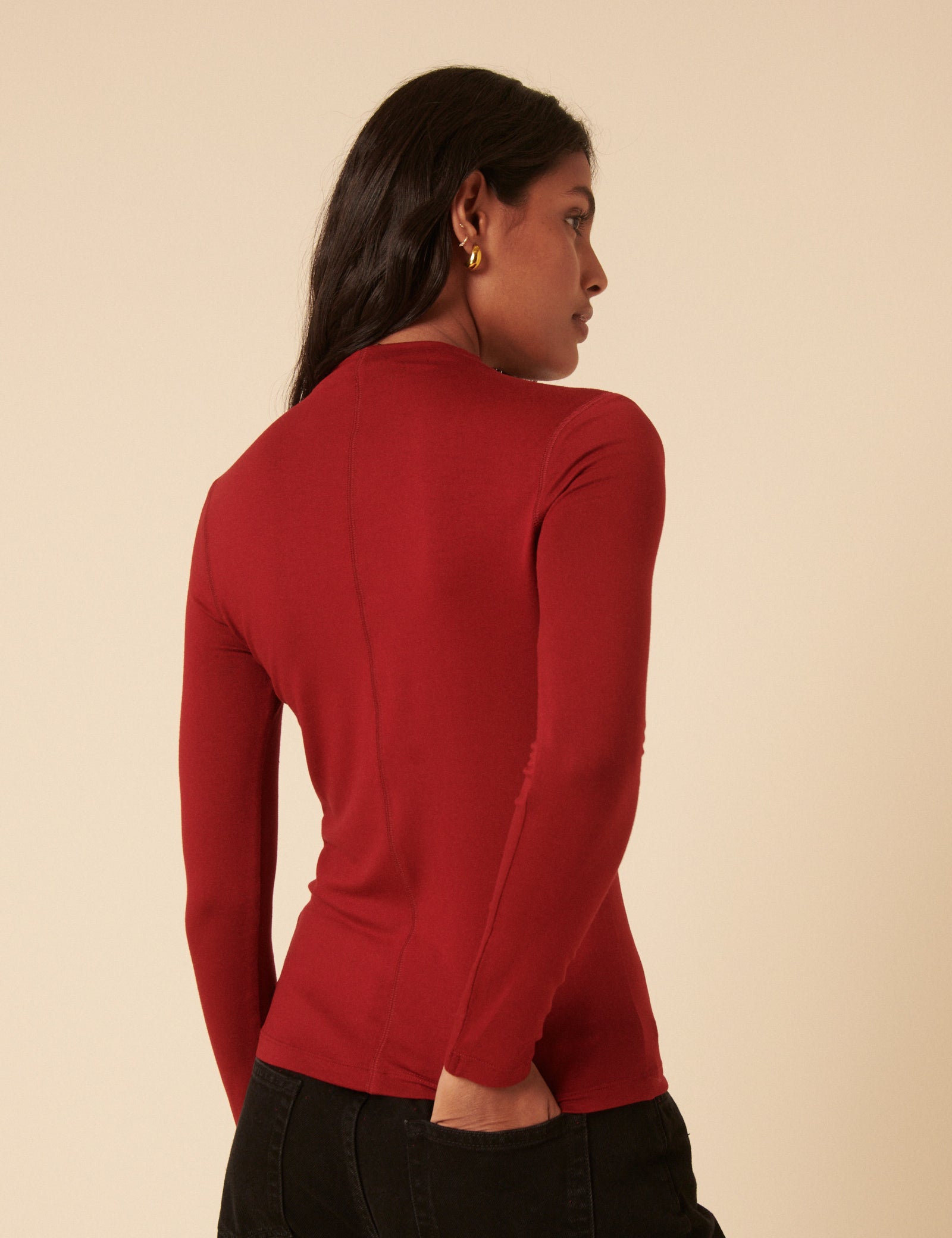 Red Long Sleeve High Neck Jersey Top