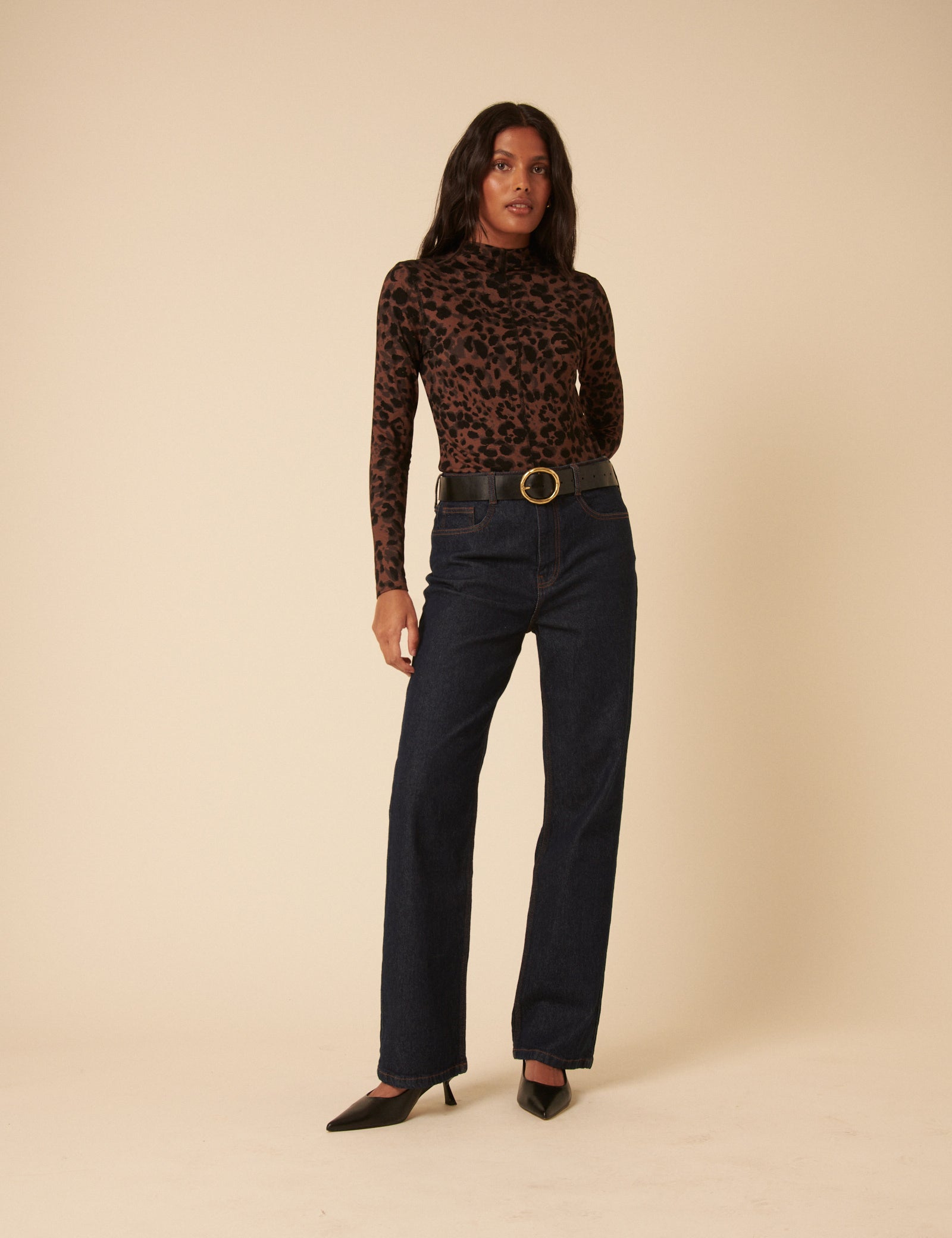 Leopard Print High Neck Long Sleeve Jersey Top