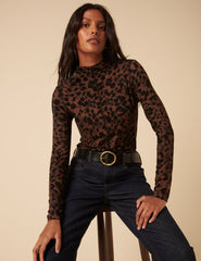 Leopard Print High Neck Long Sleeve Jersey Top