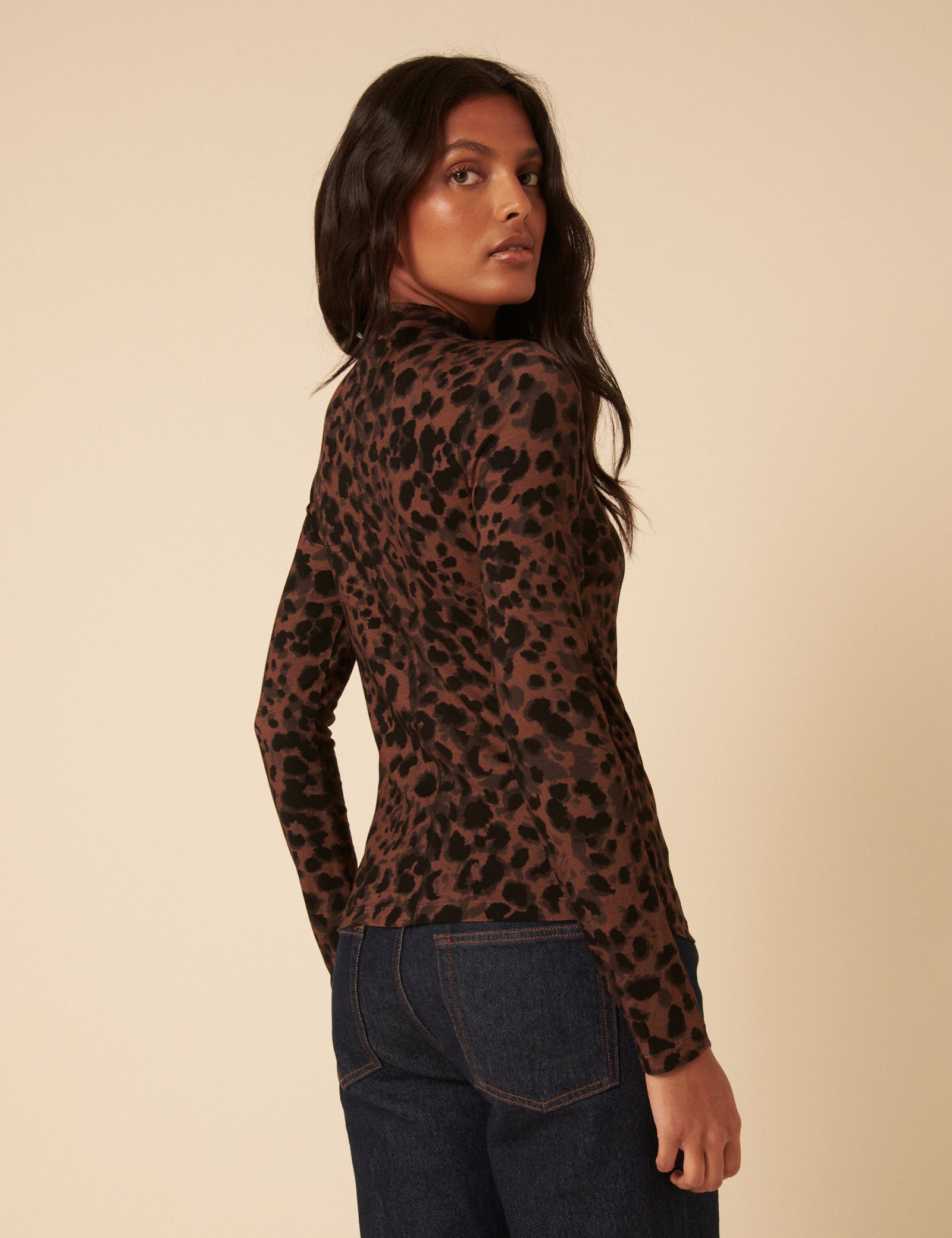 Leopard Print High Neck Long Sleeve Jersey Top