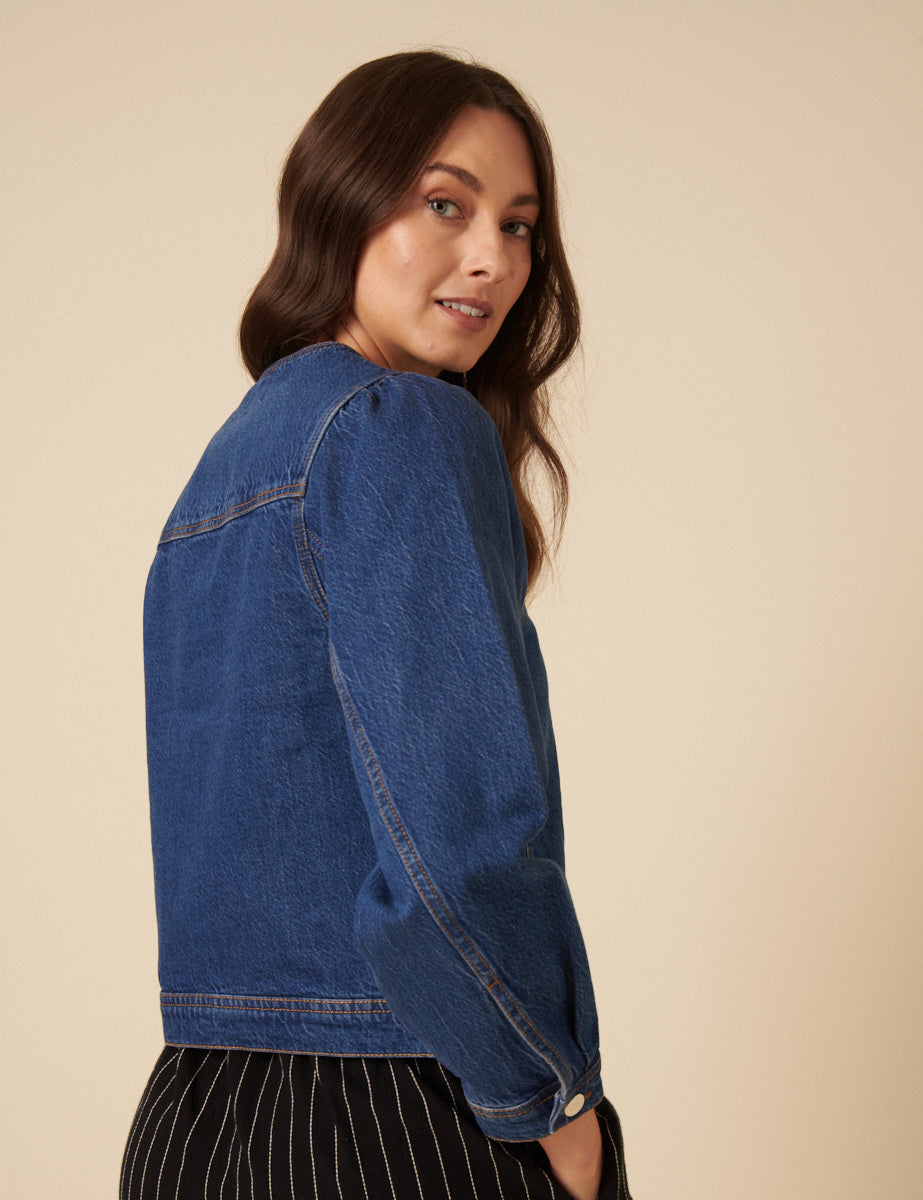 Dark Blue Denim Collarless Jacket