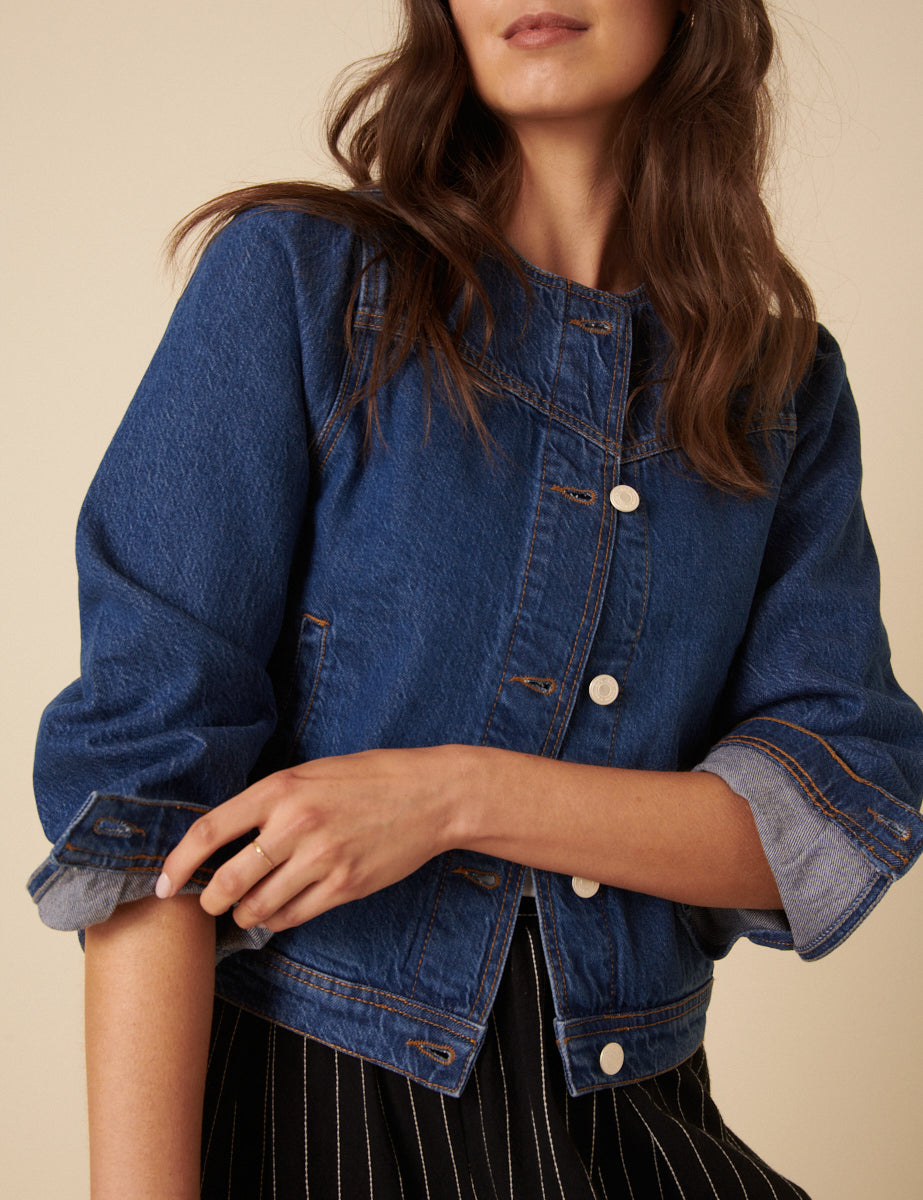 Dark Blue Denim Collarless Jacket