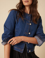 Dark Blue Denim Collarless Jacket