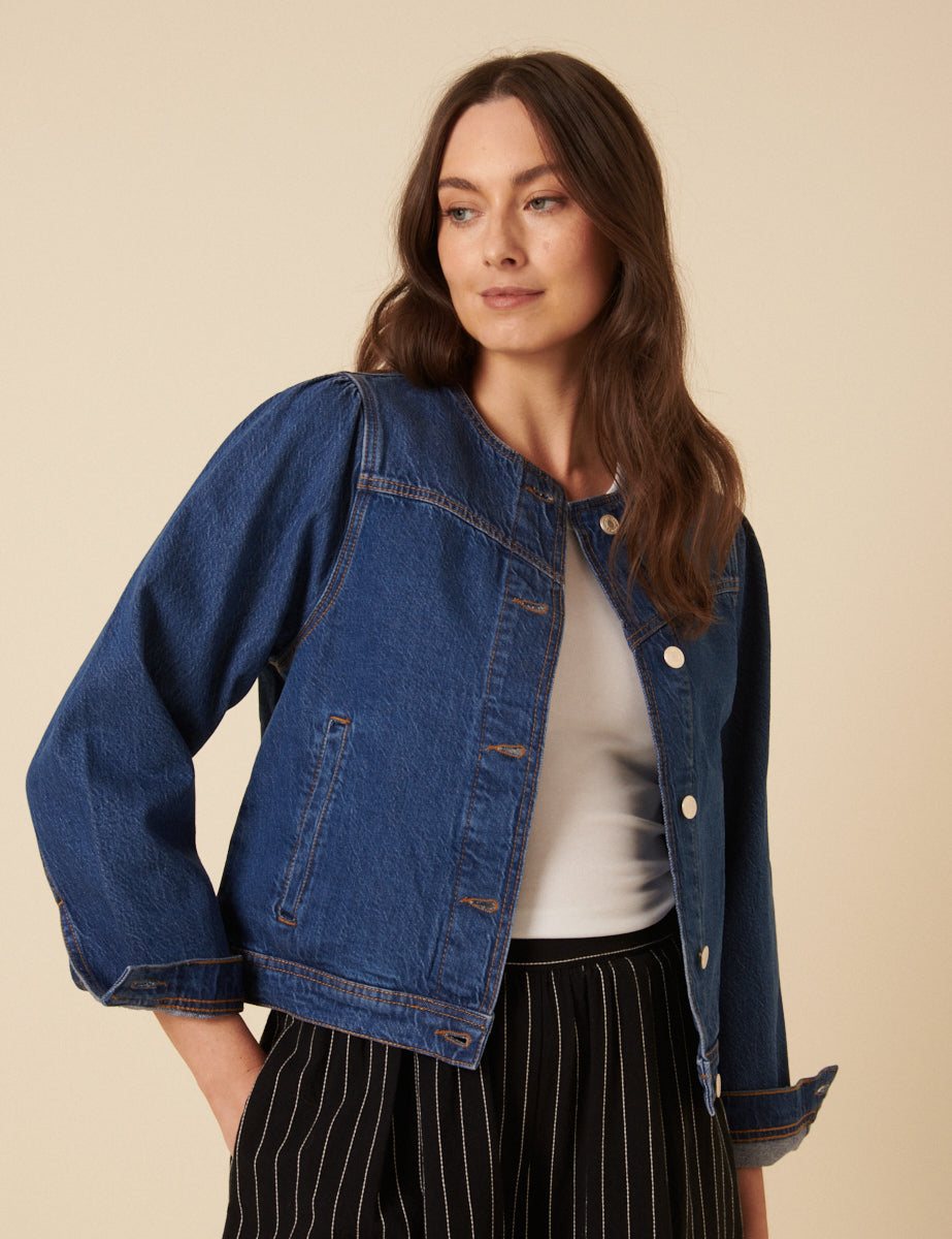 Dark Blue Denim Collarless Jacket