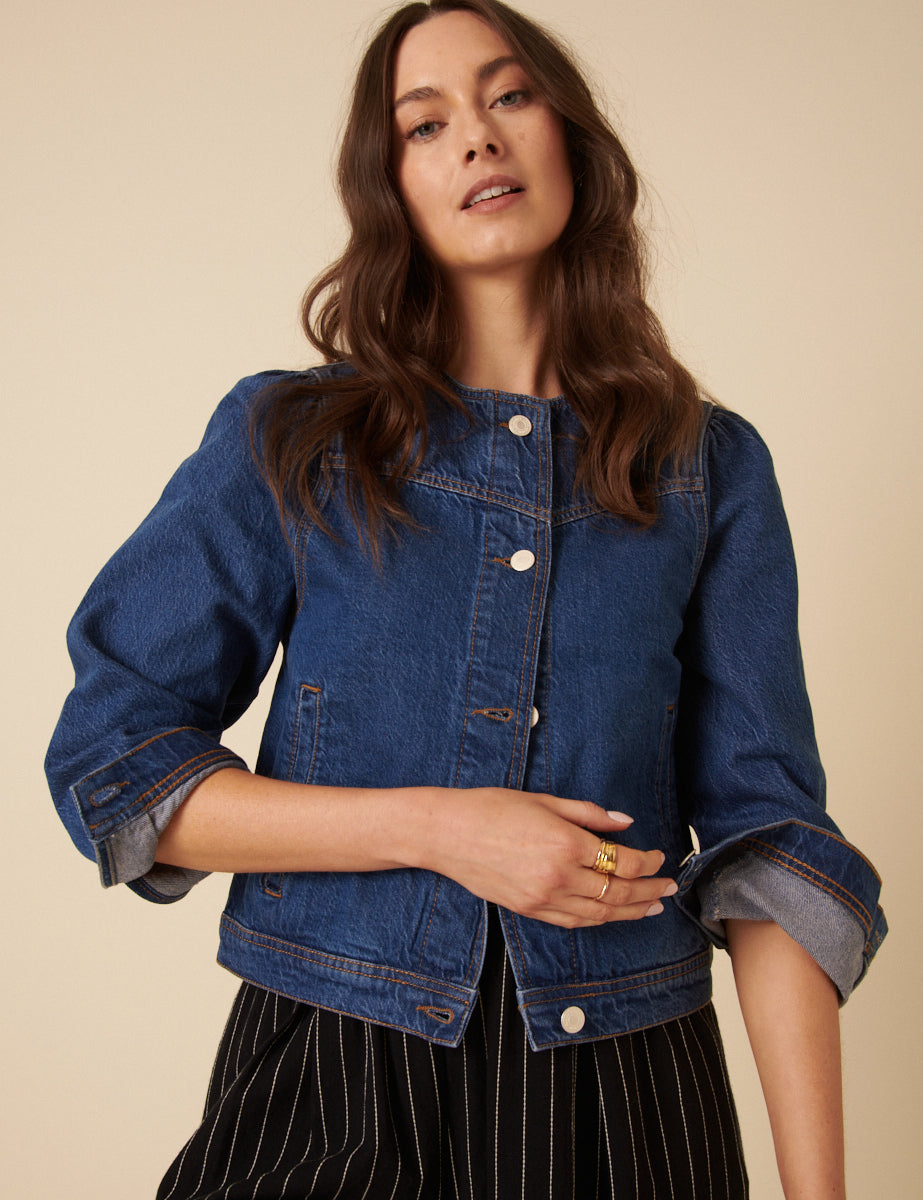 Dark Blue Denim Collarless Jacket