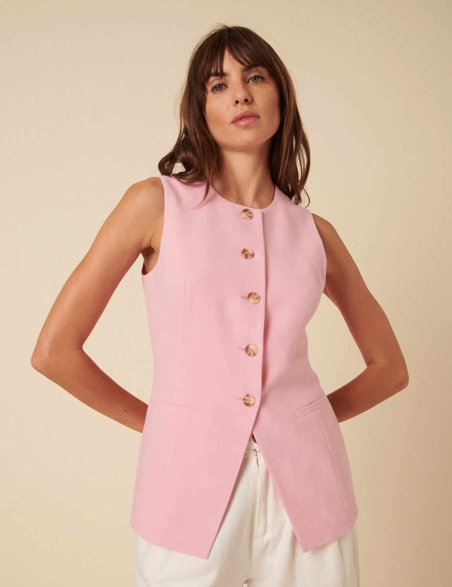Pink Longline Crew Neck Waistcoat
