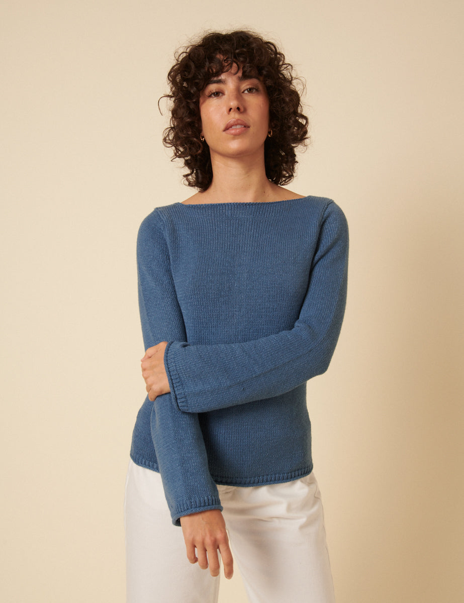 Blue Slash Neck Knitted Cardigan