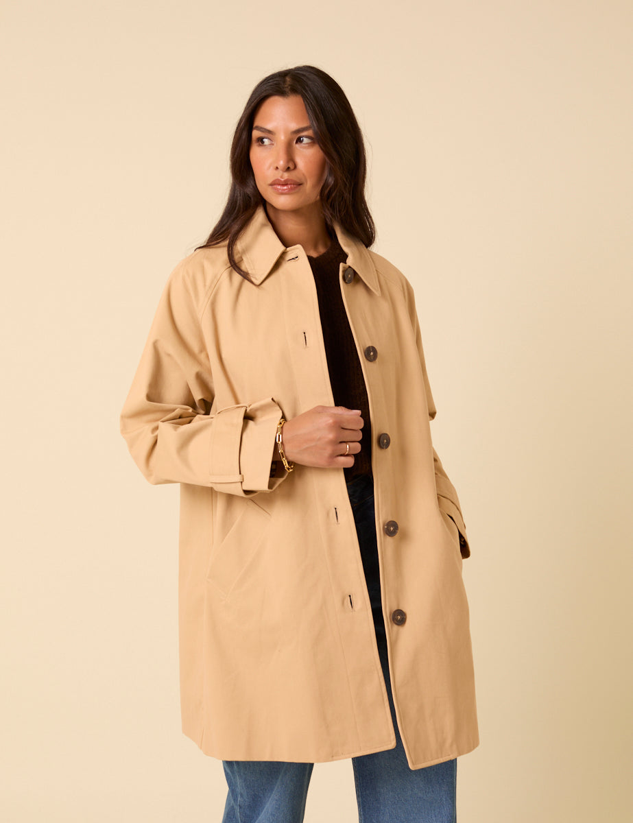 Camel Single Breasted Cropped Trench Coat