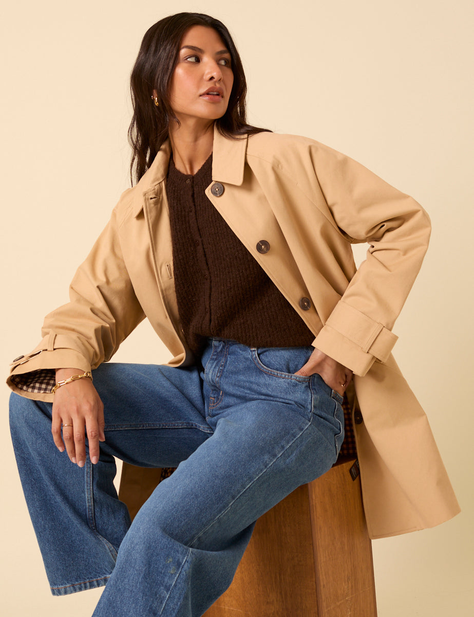 Camel Single Breasted Cropped Trench Coat