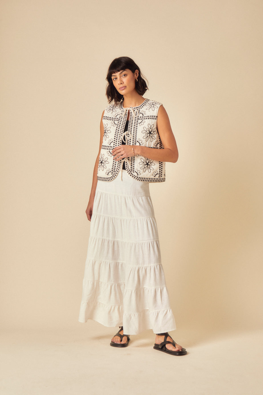 White Floral Embroidered Gilet