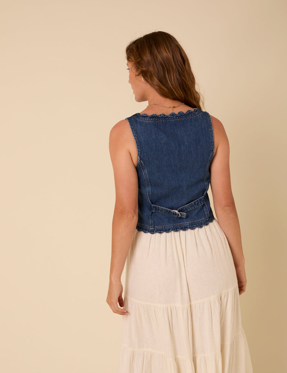 Blue Denim Scallop Trim Waistcoat
