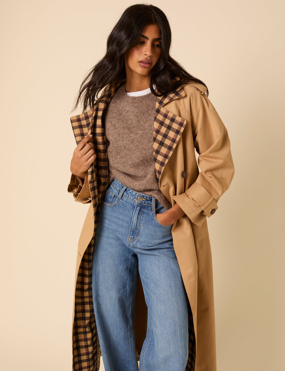 Camel Check Trim Trench Coat