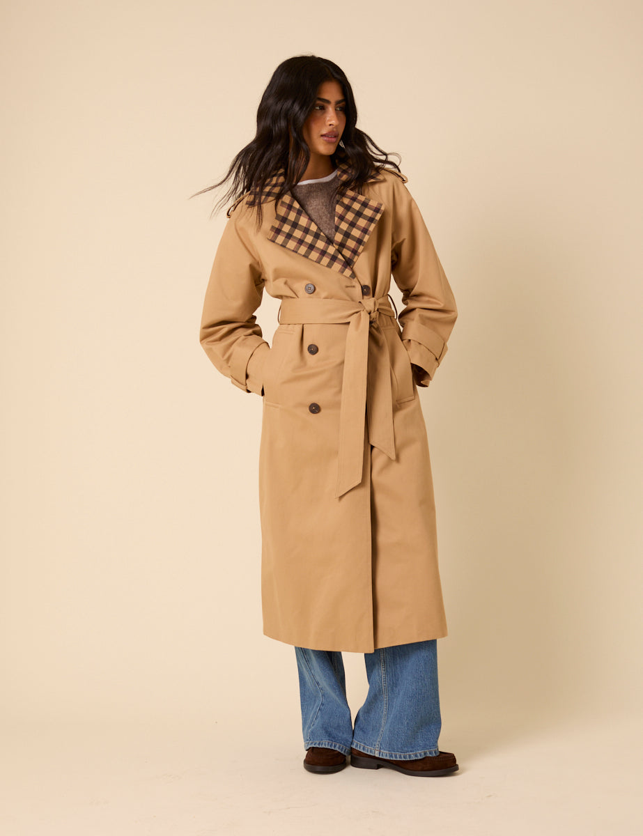 Camel Check Trim Trench Coat