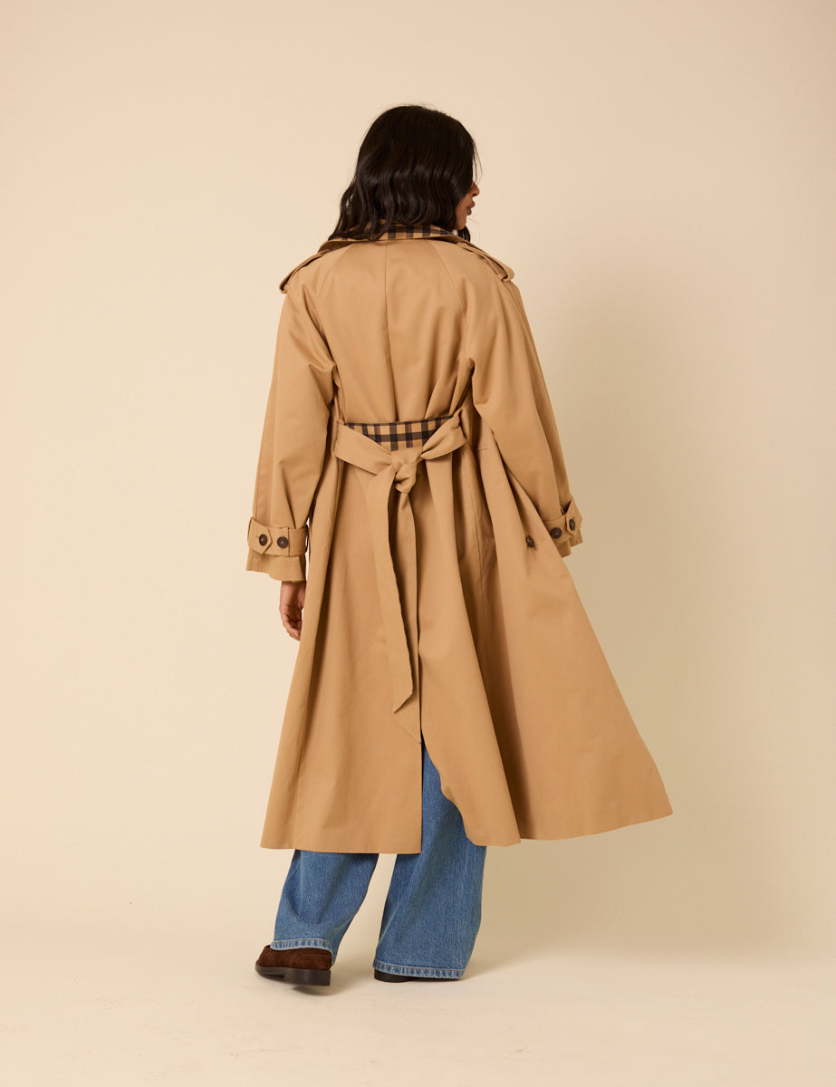 Camel Check Trim Trench Coat