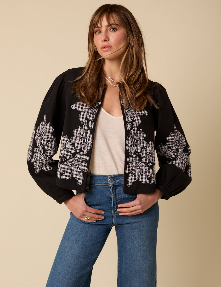 Black Floral Gingham Detail Jacket
