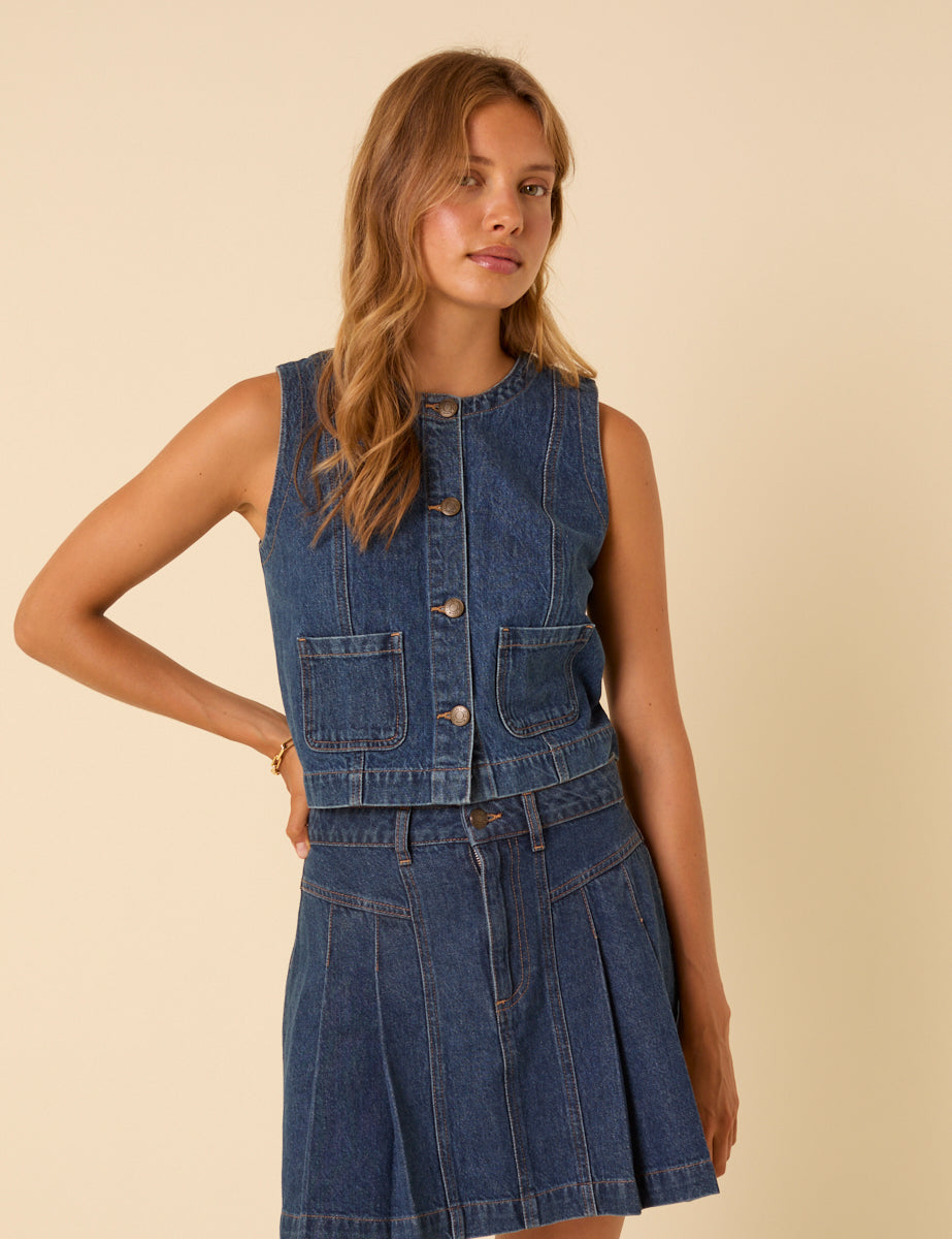 Dark Blue Denim Crew Neck Waistcoat