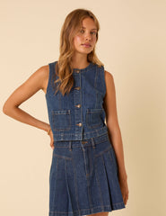 Dark Blue Denim Crew Neck Waistcoat