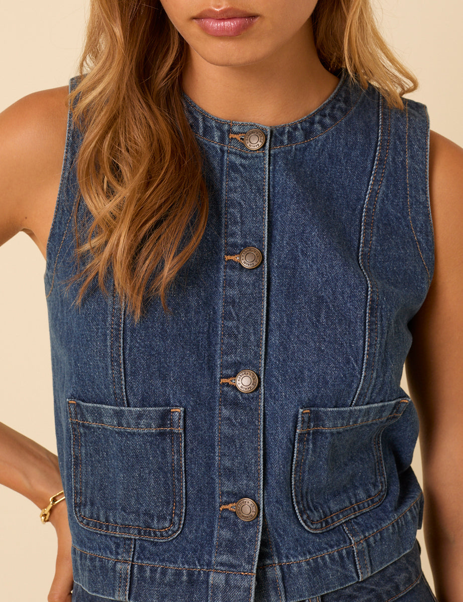 Dark Blue Denim Crew Neck Waistcoat