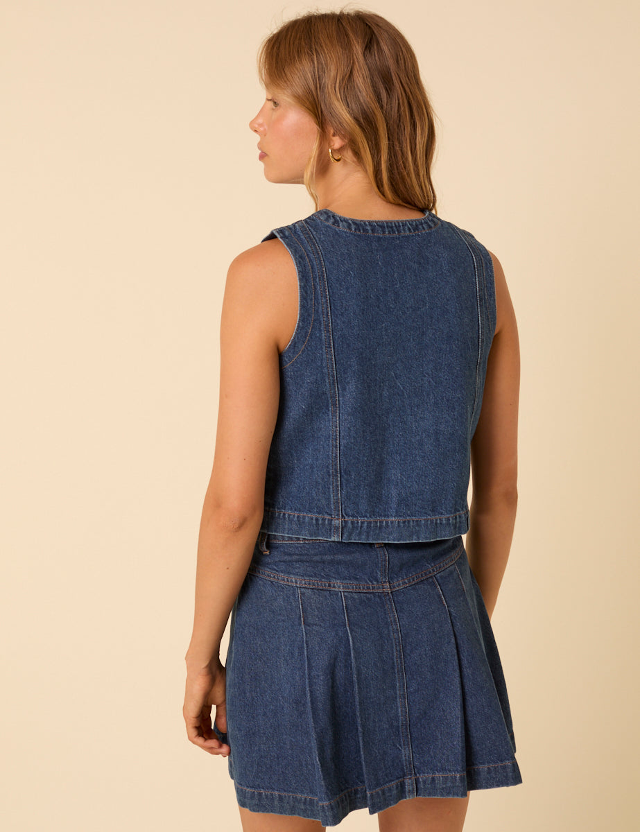 Dark Blue Denim Crew Neck Waistcoat