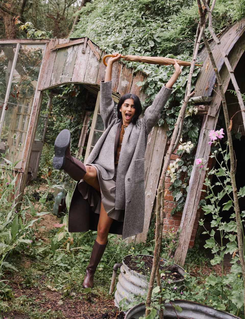 Brown Houndstooth Reversible Scarf Coat