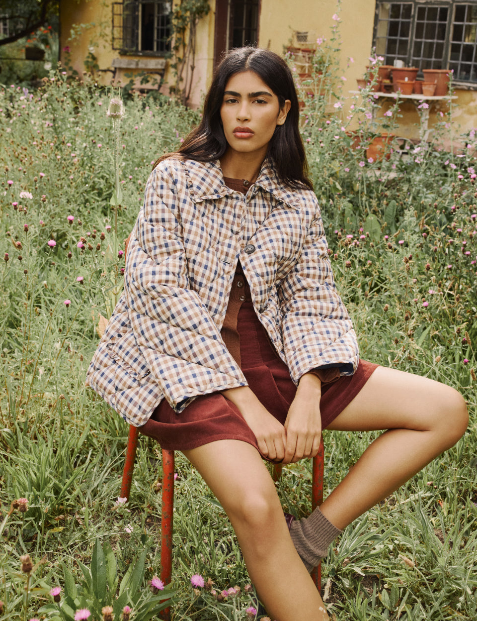 Beige Check Frill Quilted Jacket