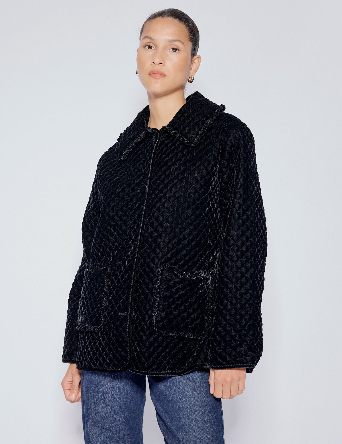 Black Velvet Quilted Collared Jacket