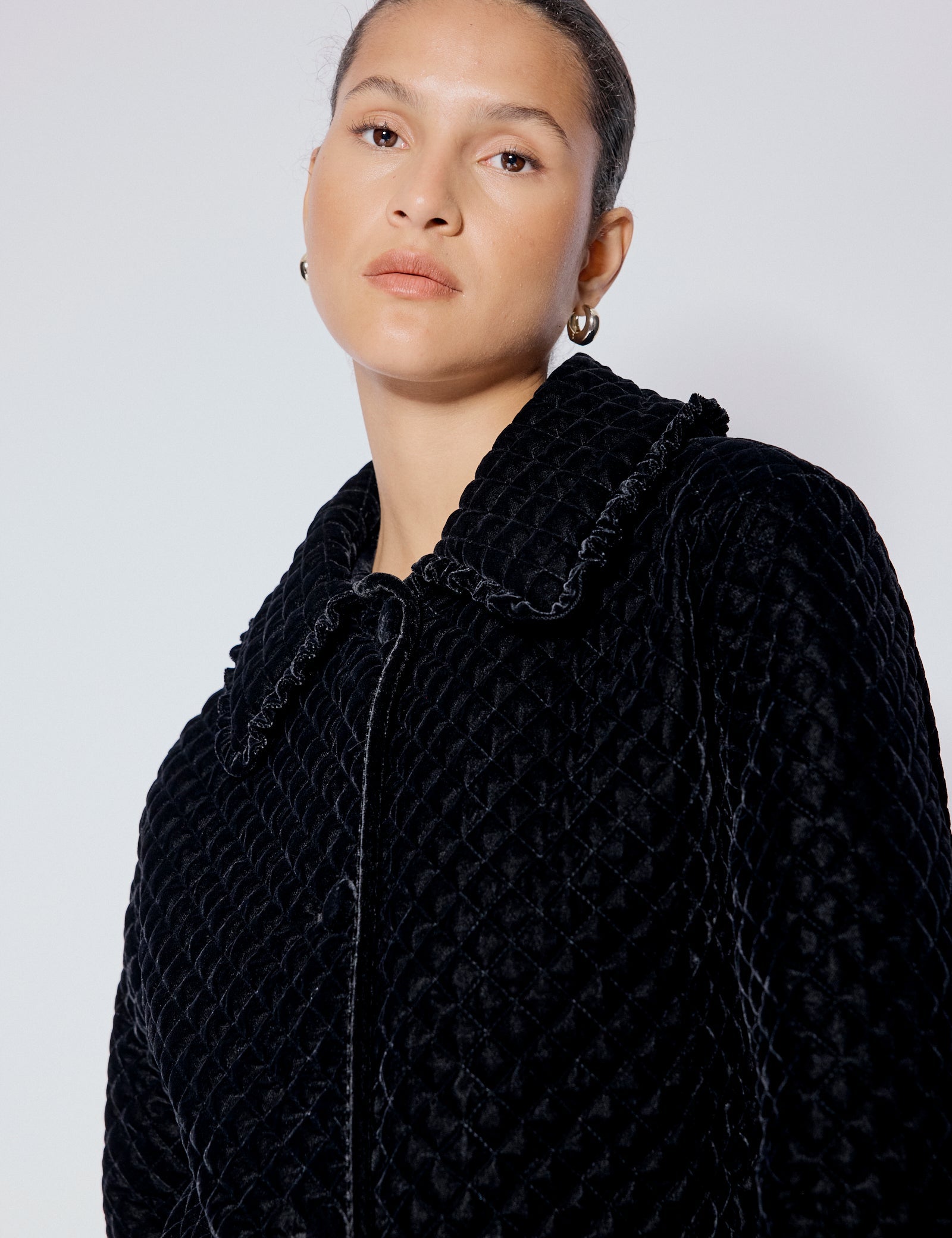 Black Velvet Quilted Collared Jacket