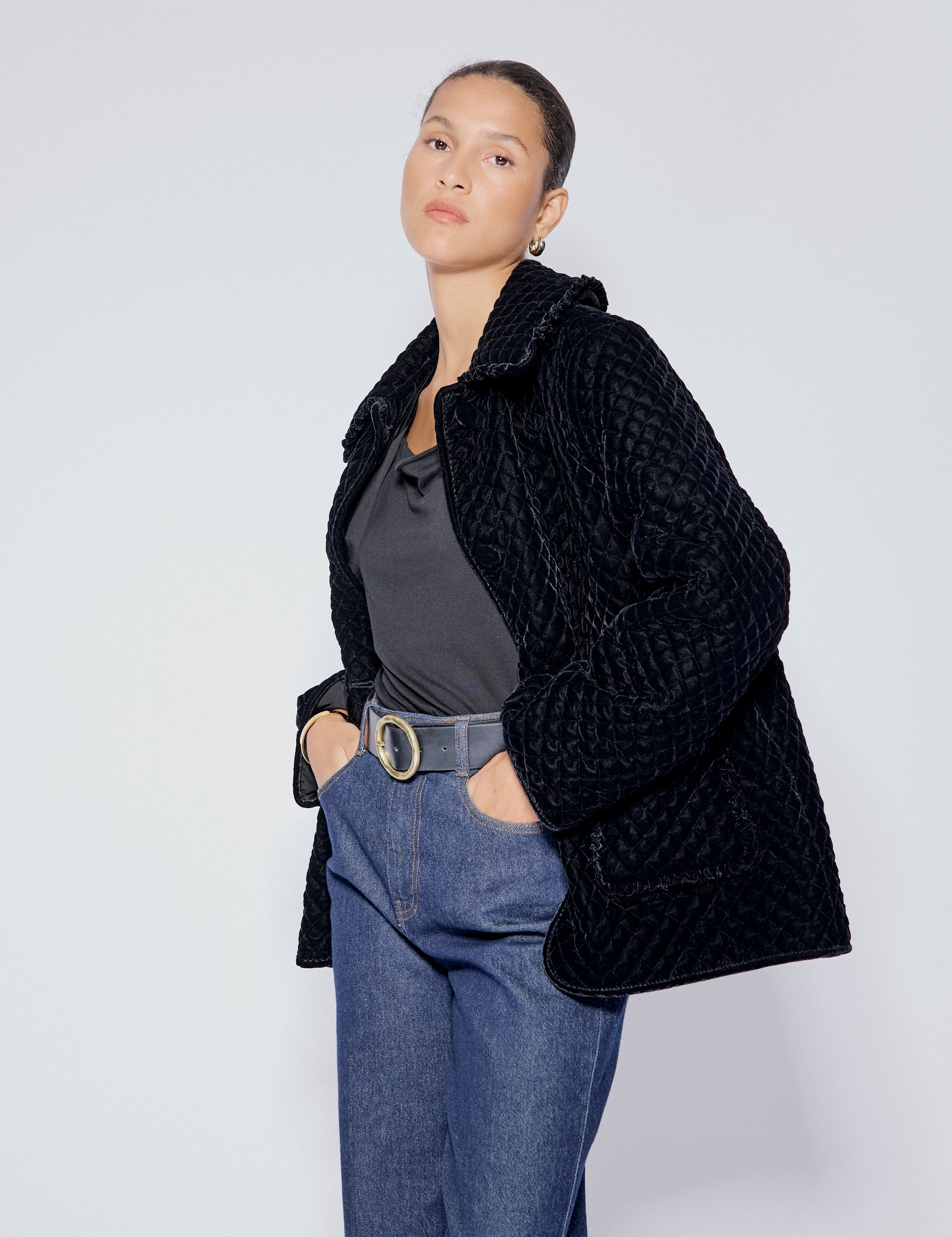 Black Velvet Quilted Collared Jacket