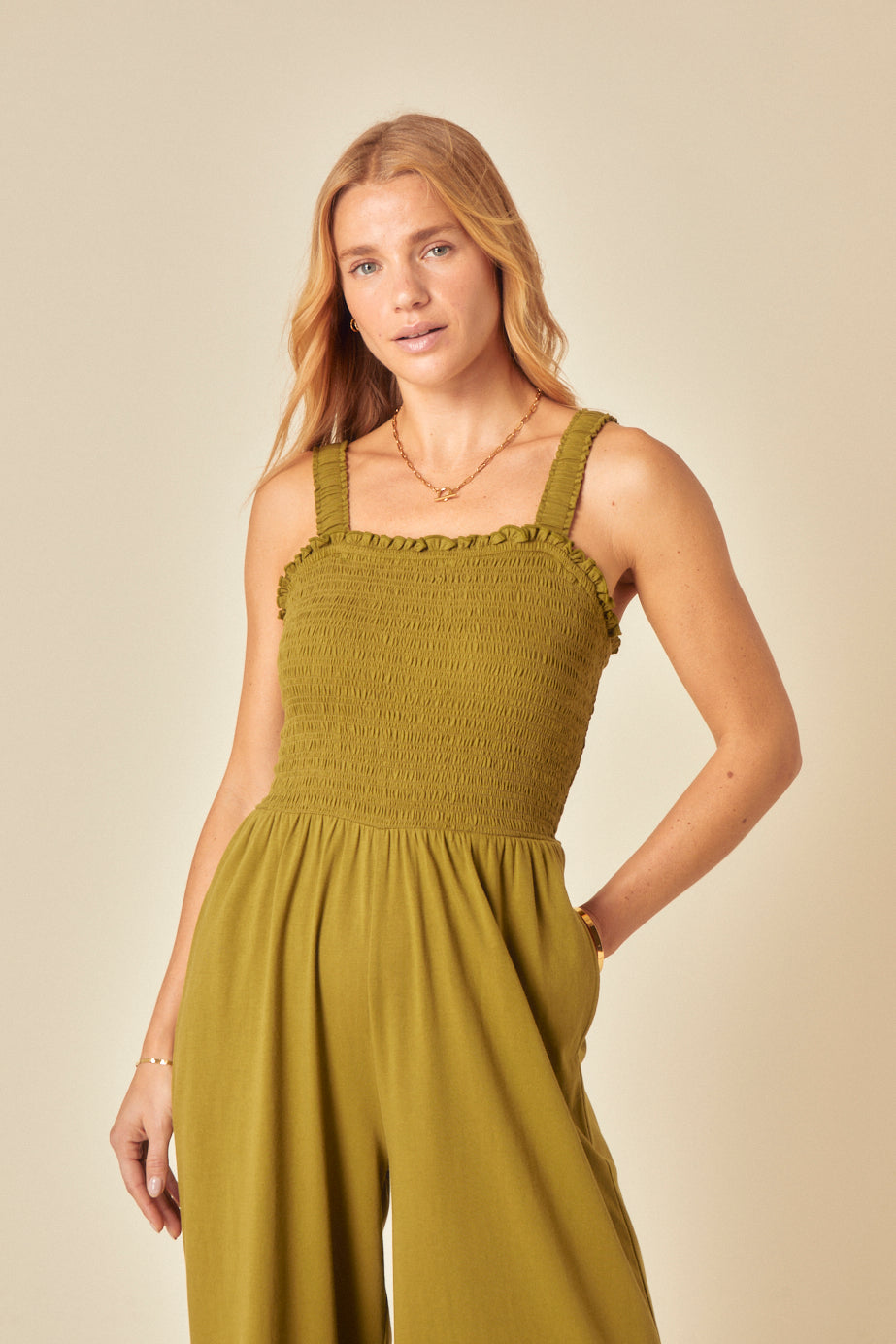 Green Shirred Jumpsuit