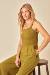 Green Shirred Jumpsuit