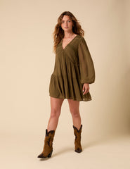 Petite Khaki Green Marley Mini Smock Dress