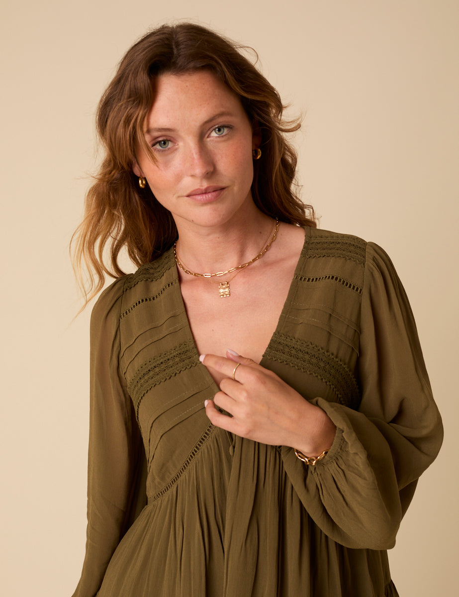 Petite Khaki Green Marley Mini Smock Dress