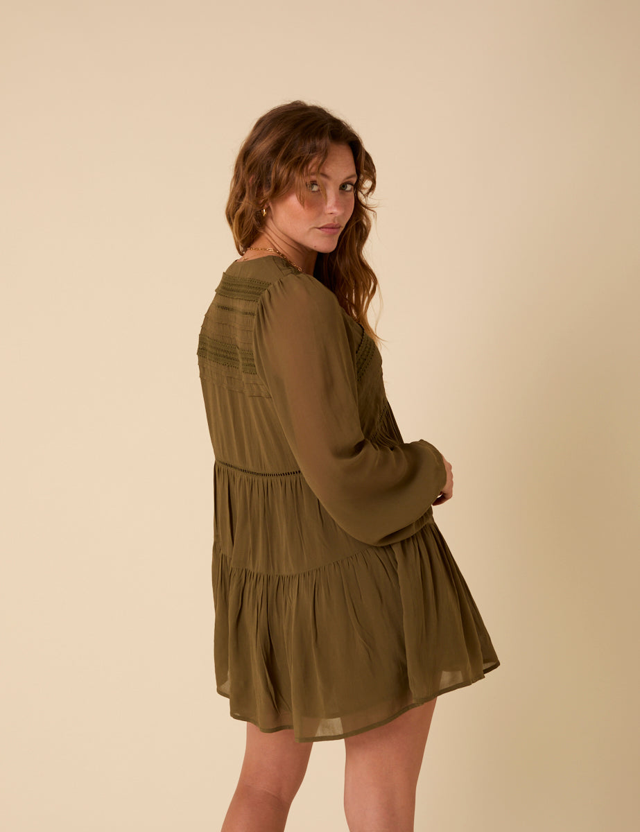 Petite Khaki Green Marley Mini Smock Dress