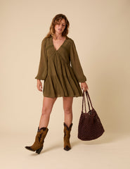 Petite Khaki Green Marley Mini Smock Dress