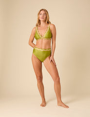 Green Floral Trim High Waist Bikini Bottoms